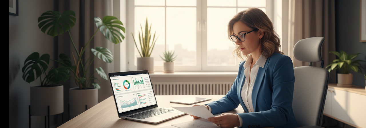 SME business owner reviewing internal audit documents in a modern office setting