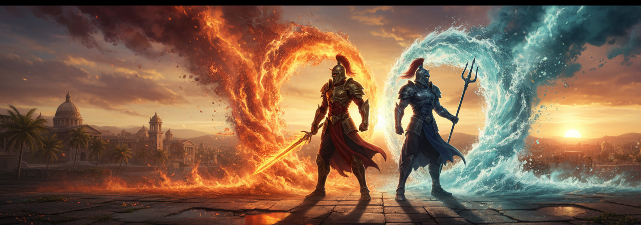 Epic scene from RRR film featuring two legendary warriors representing fire and water
