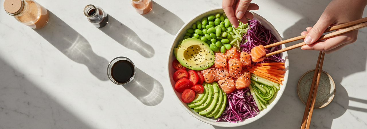 Poke bowl saumon maison avec ingrédients frais sur plan de travail en marbre